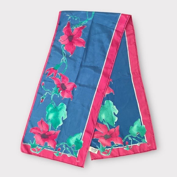 Vintage Veresa by Vera Nuemann 90s Flower & Vines Scarf Pink/Blue Made in Japan - Picture 1 of 4